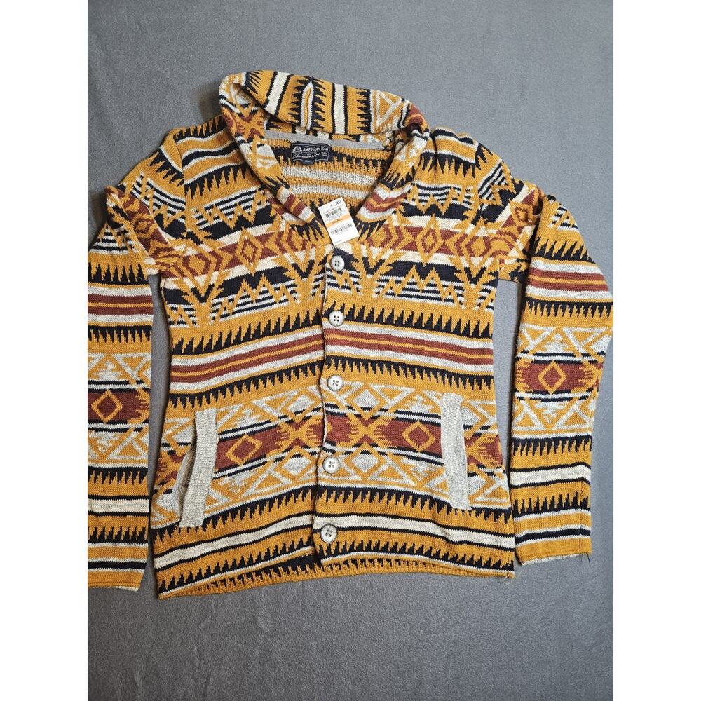 American Rag Cardigan Womens Small Yellow Cozy Knit Sweater With Aztec Design